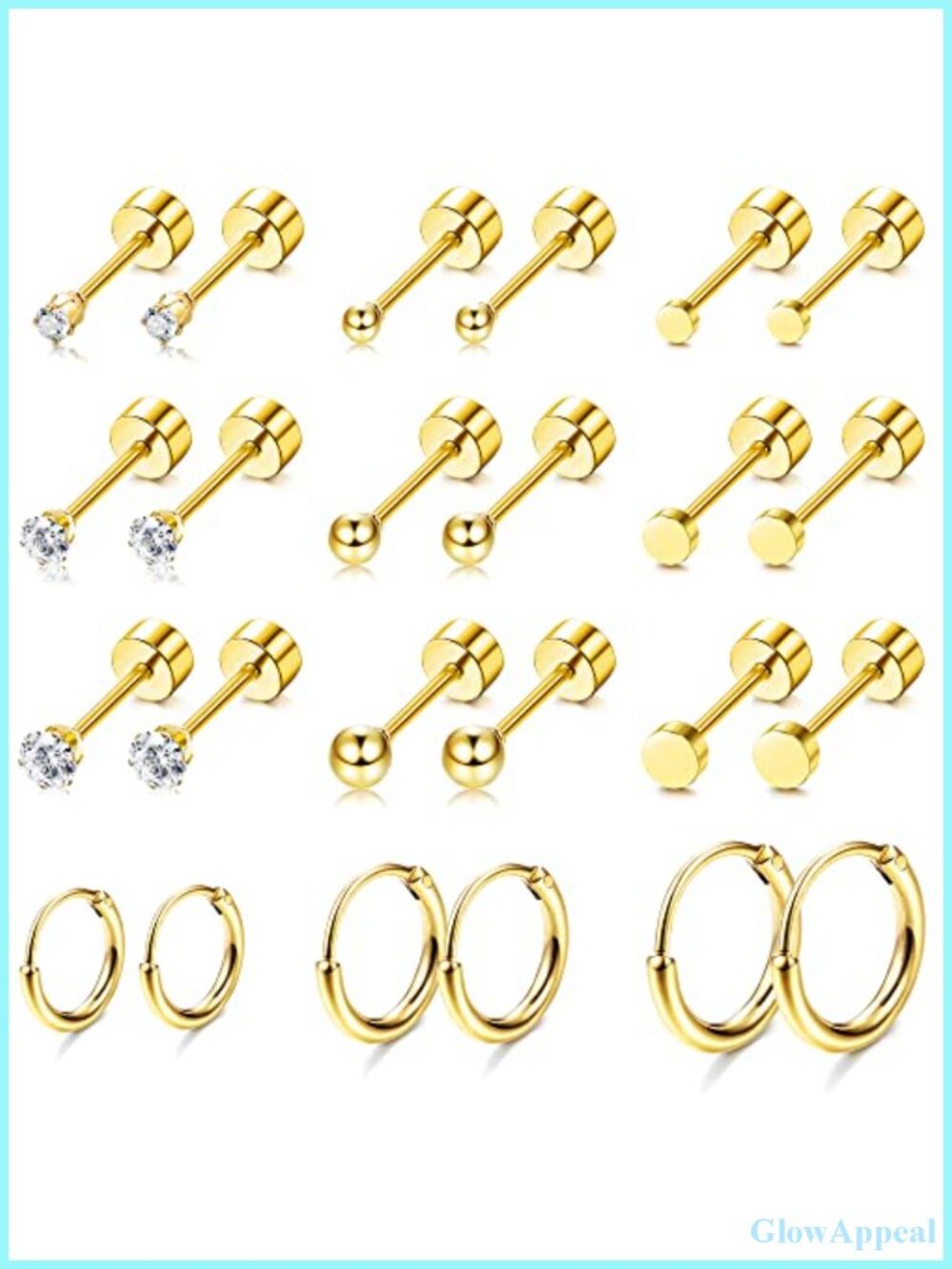 9 Pair 14K Gold Plated Surgical Steel Stud Earrings Set 20G 18G Hypoallergenic